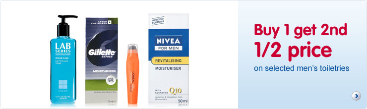 Buy 1 get the 2nd 1/2 price on selected mens toiletries